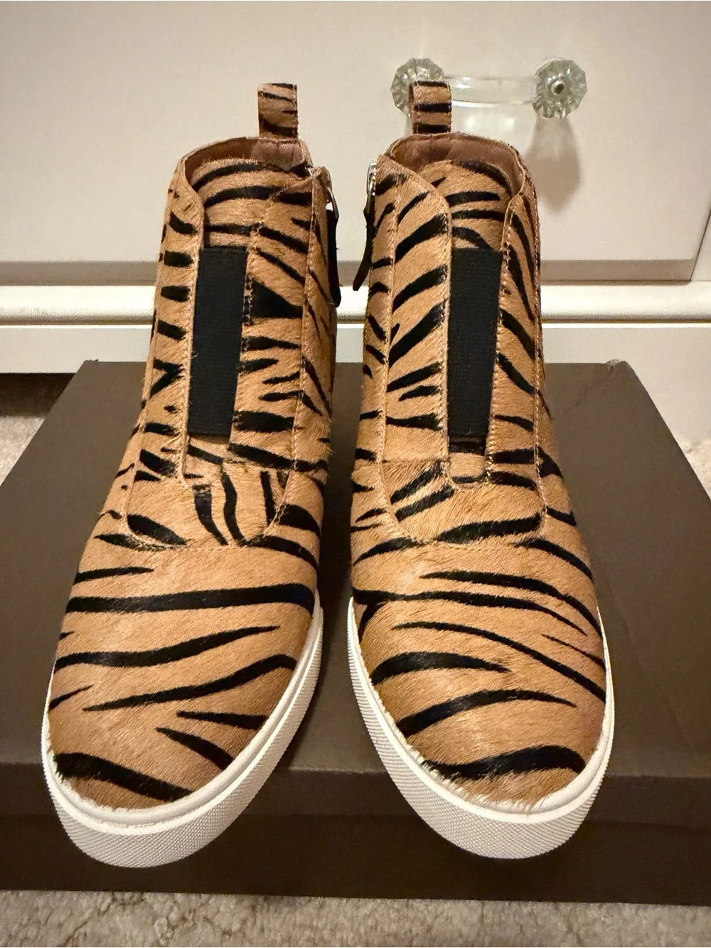Paolo Tiger-Striped Wedge Sneaker Booties - Calf Hair Fur-Tan & Black  6.5